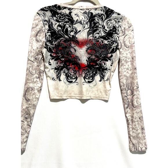 Y2K Cropped Tight Shirt Hardy Heart Biker Rocker sz S floral Grunge Long Sleeve - Picture 5 of 7